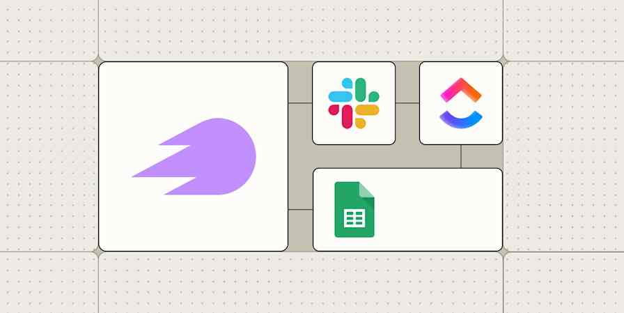 The SEMrush logo connected to logos for Slack, ClickUp, and Google Sheets against a lime green background.