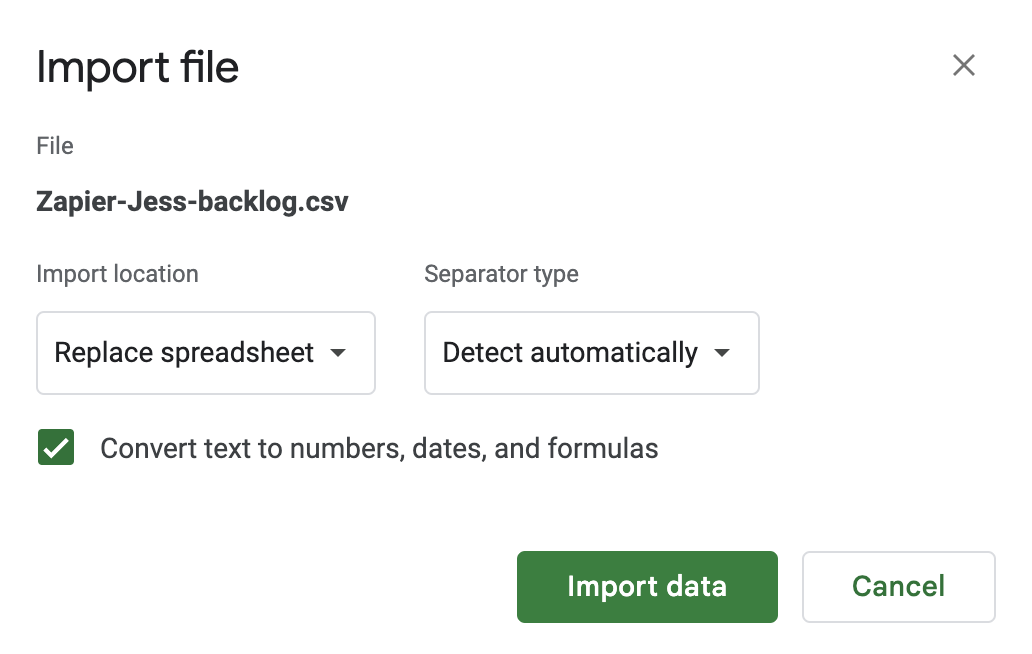 Google Sheets import file settings popup.