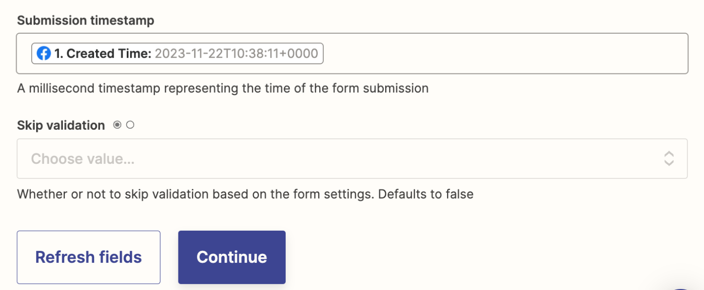 HubSpot form fields in the Zap editor with Facebook Lead Ads data added to them.