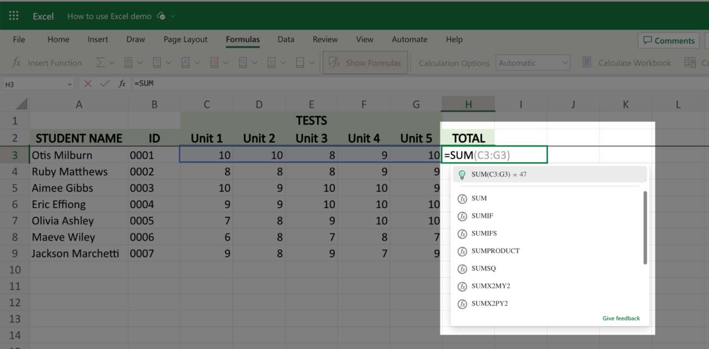List of suggested functions in Excel. 