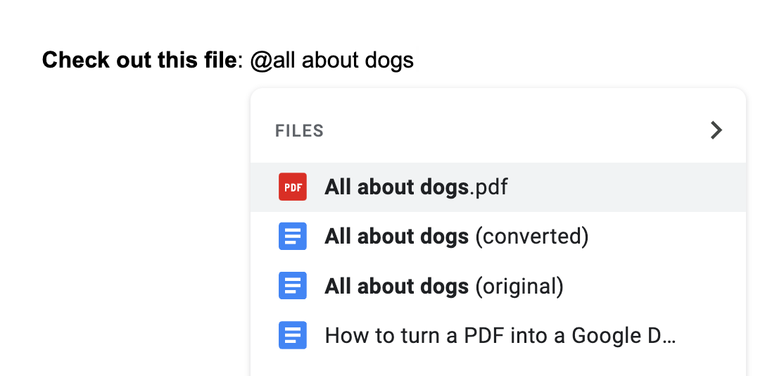 Google Docs smart chip showing a list of relevant files to insert into Google Docs.