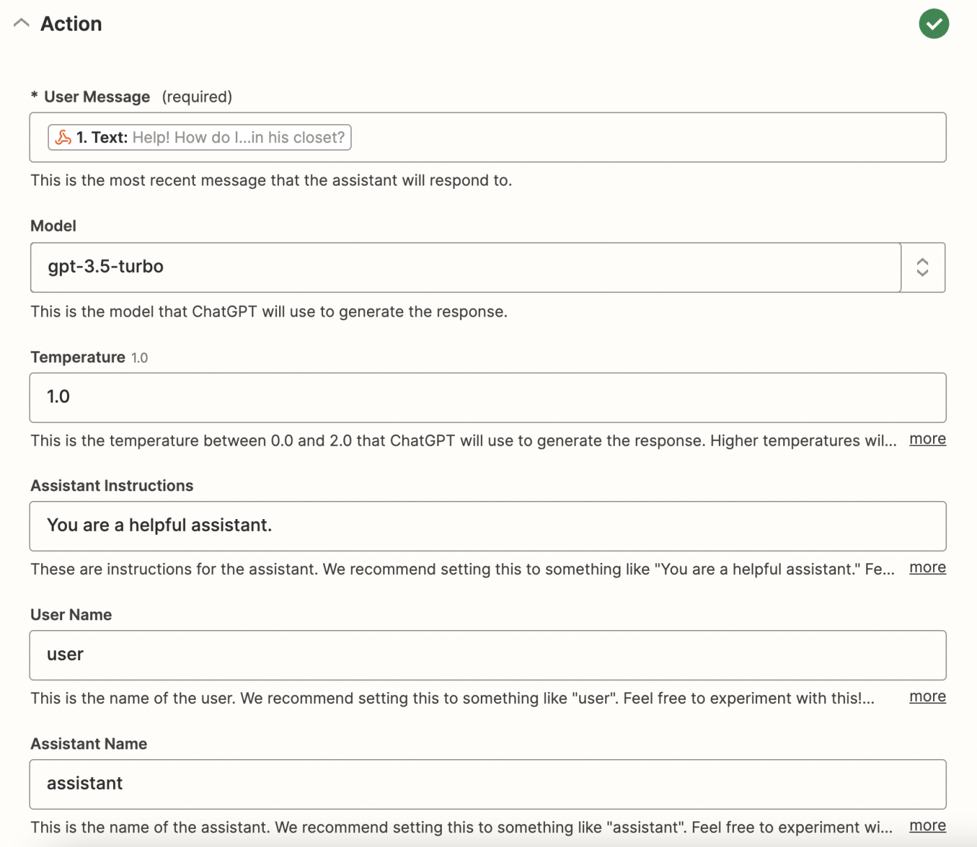 A screenshot of customizing your ChatGPT assistant in the Zapier editor.
