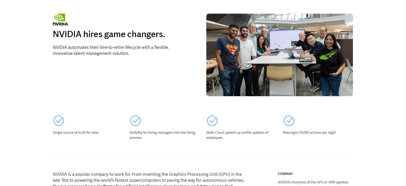Screenshot of NVIDIA and Workday's case study with a photo of a group of people standing around a tall desk and smiling and the title "NVIDIA hires game changers"