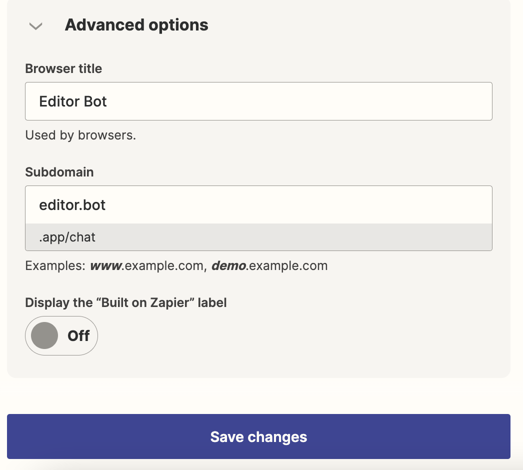 Screenshot of advanced options including subdomain