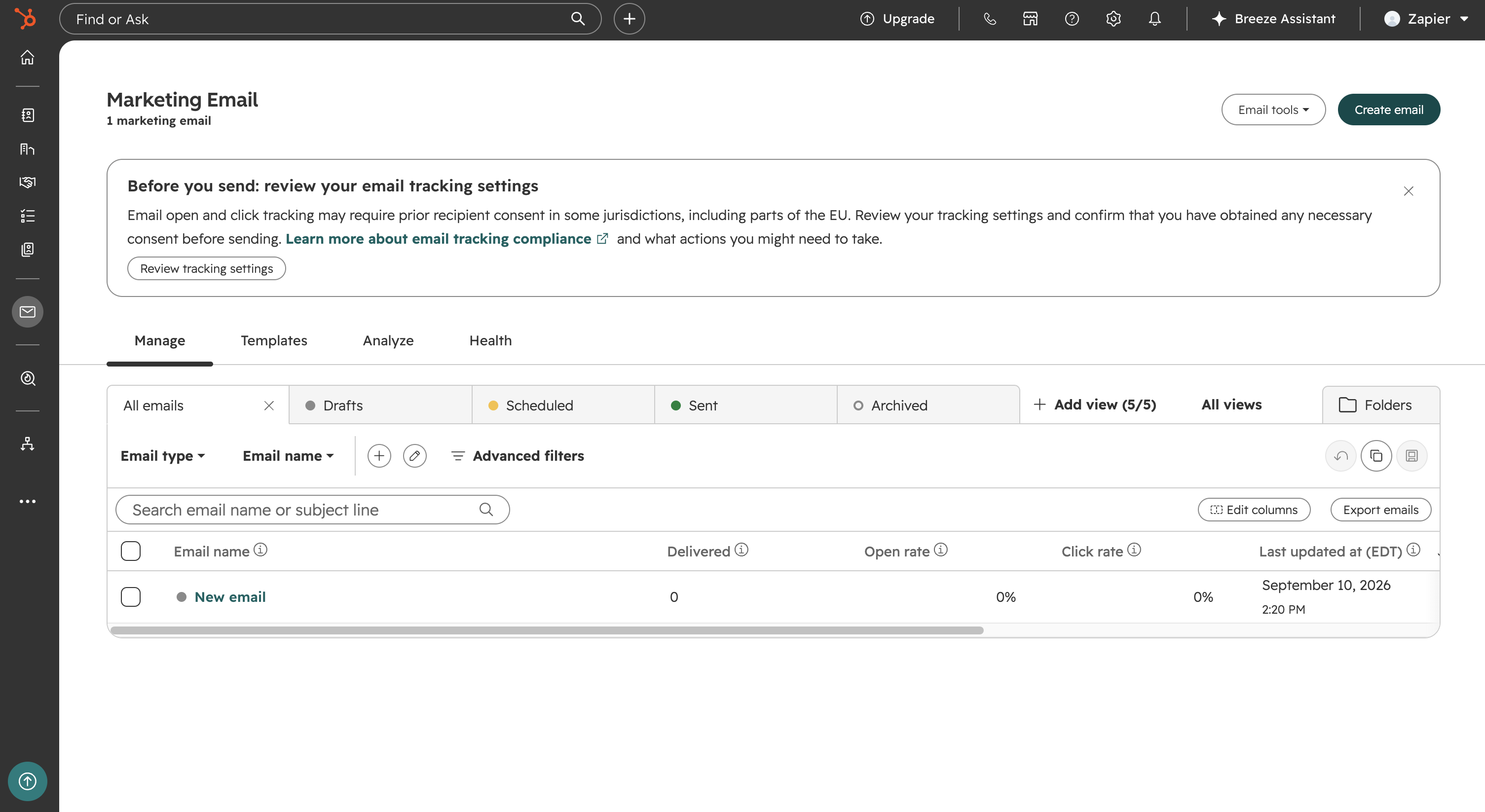 Screenshot of HubSpot's email workflow feature.