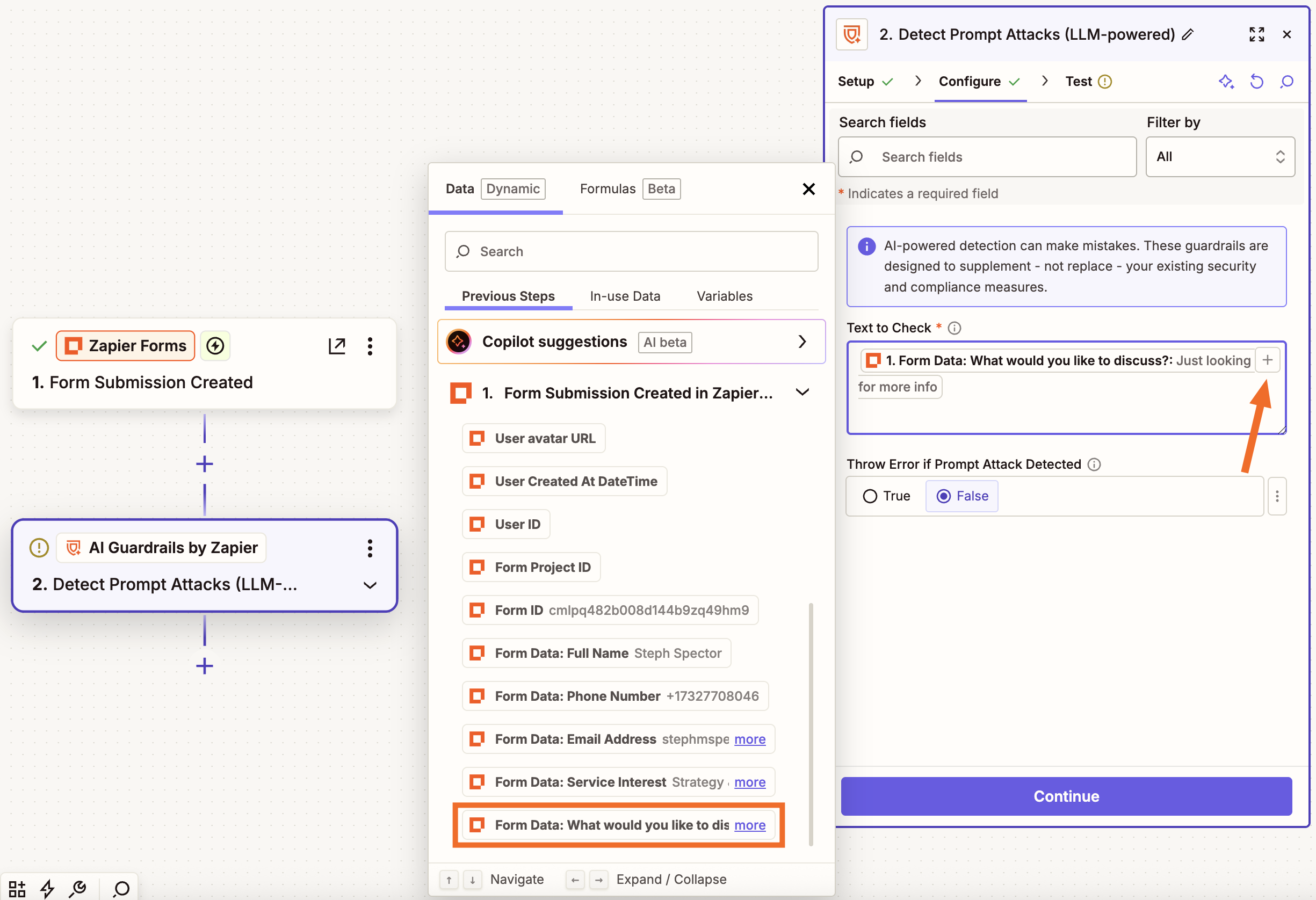 The configuration page for an AI Guardrails by Zapier step in the Zap editor