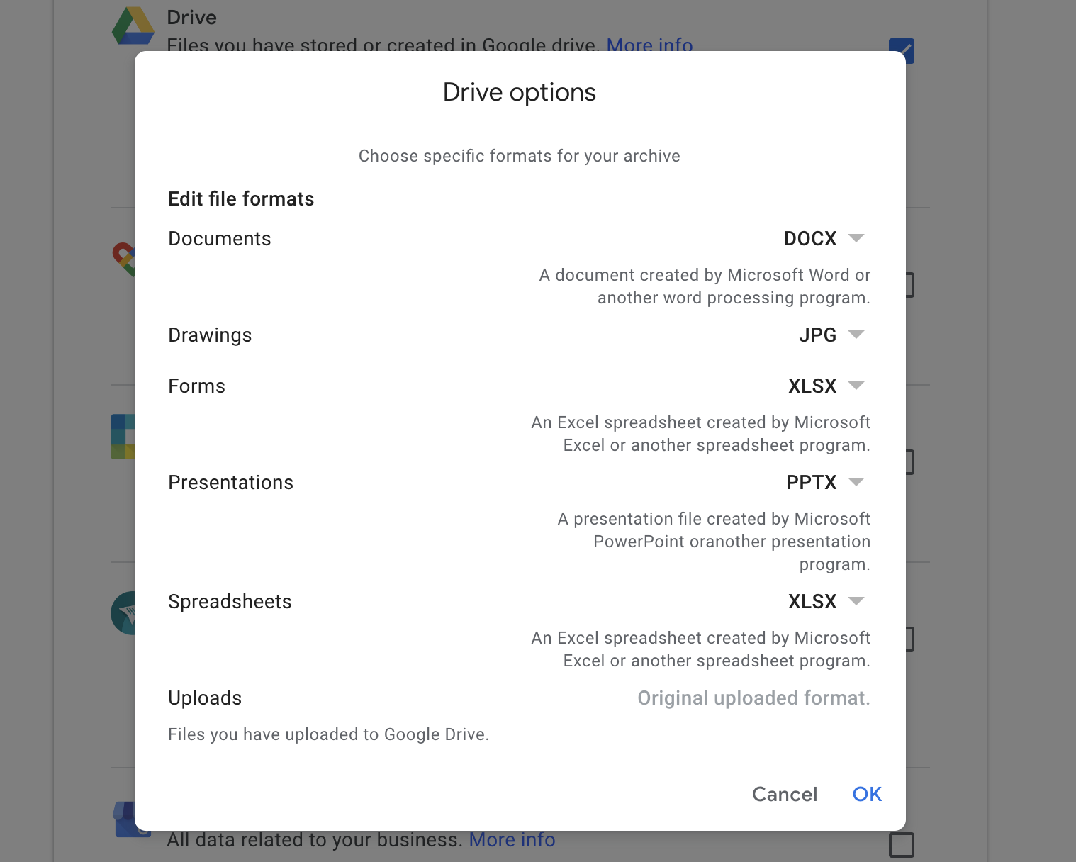 Google Drive backup formats