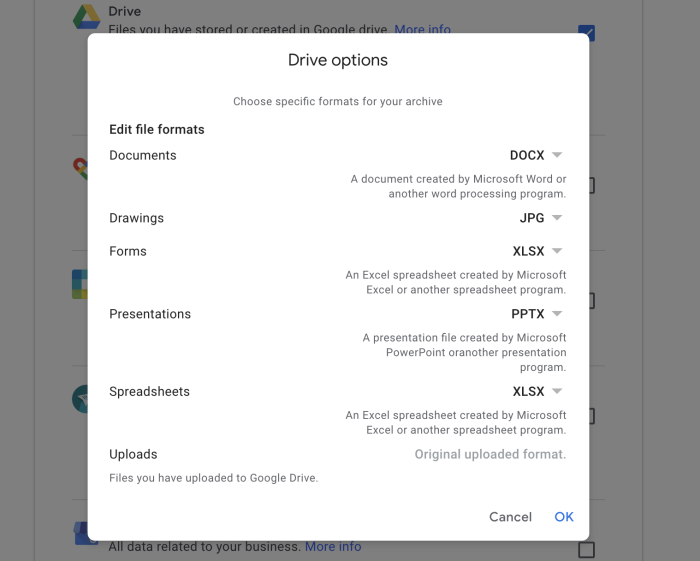 Formatos de copia de seguridad de Google Drive