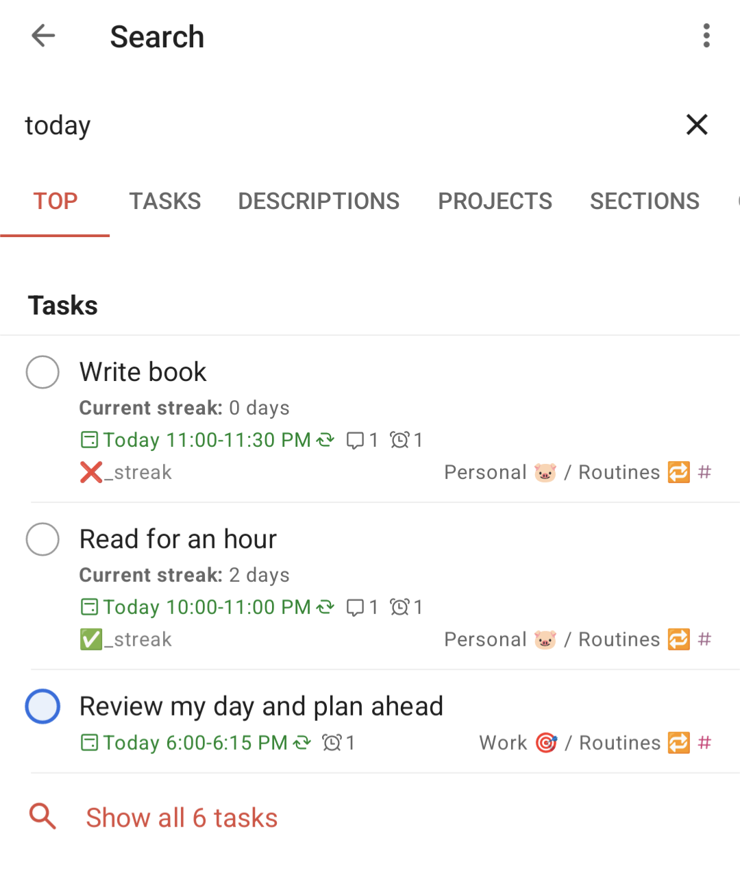 The task list appearing after using a voice command
