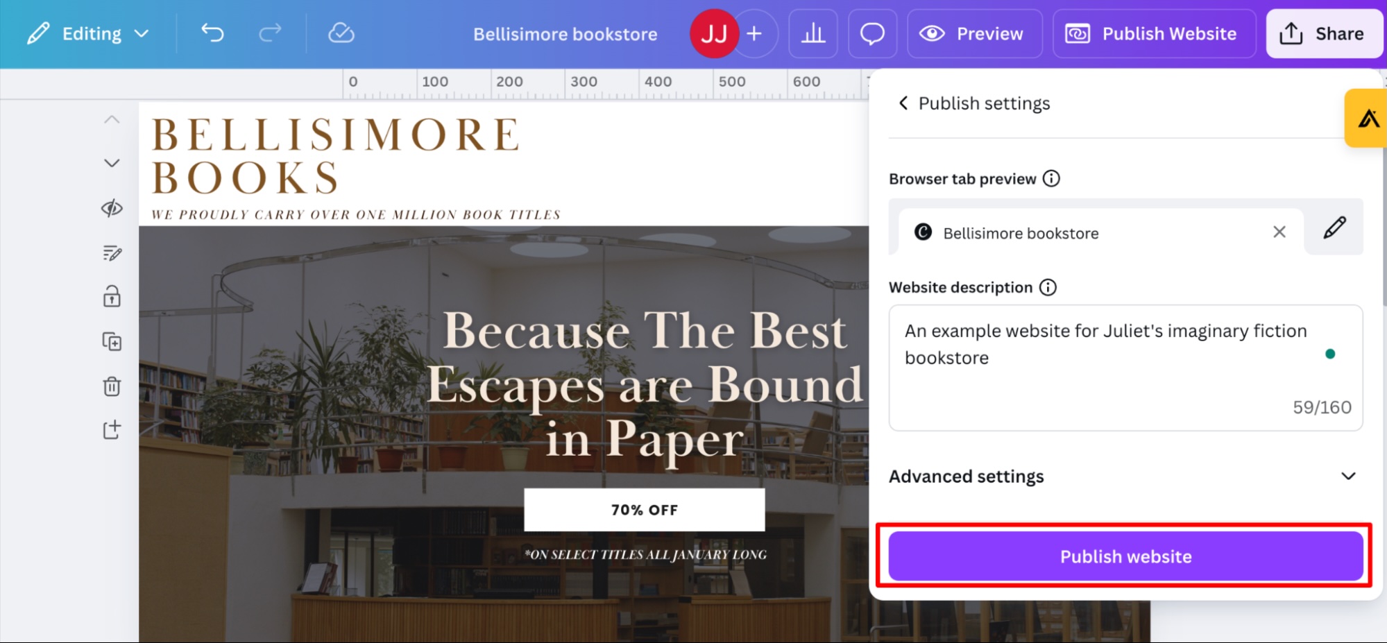 The Publish website button when building a Canva website