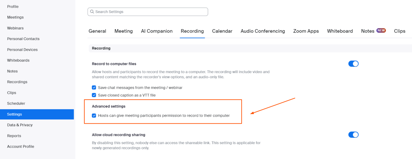 The Recording tab in the Settings section of Zoom