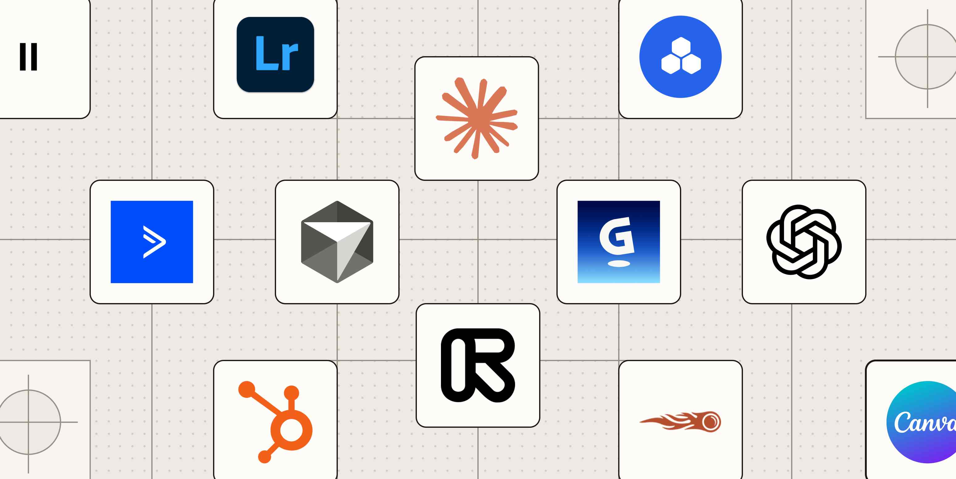 Collage of app icons representing Zapier's picks for the best AI marketing tools. 