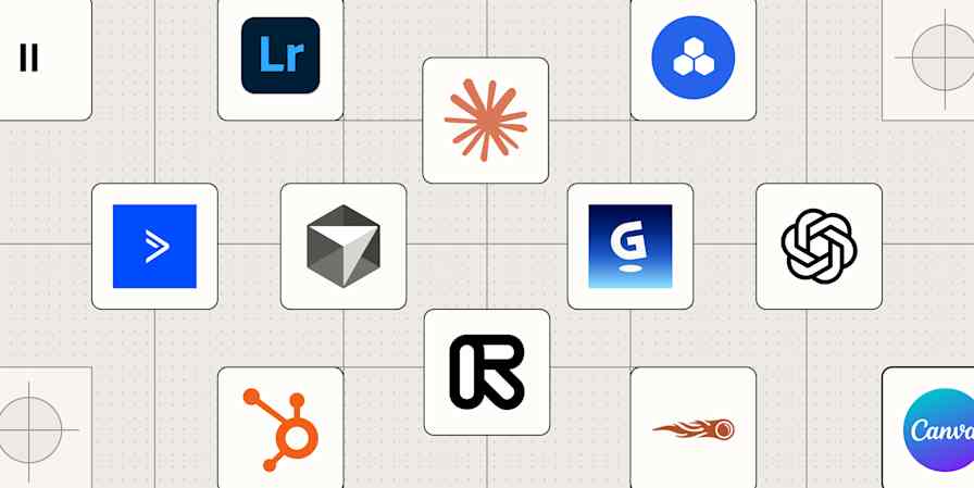Collage of app icons representing Zapier's picks for the best AI marketing tools.