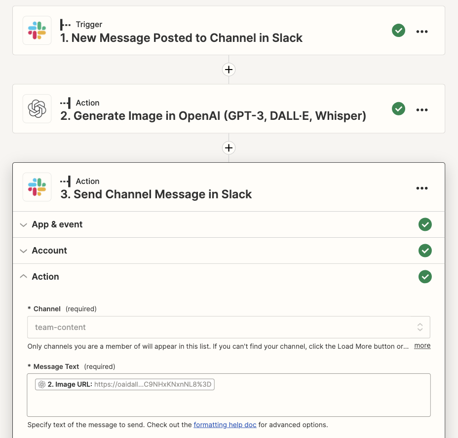 A 3-step Zap in the Zap editor that ends in a Send Channel Message to Slack action step.