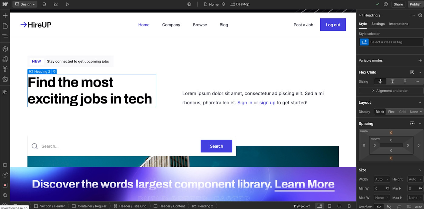 Webflow, our pick for the best small business website builder for advanced design