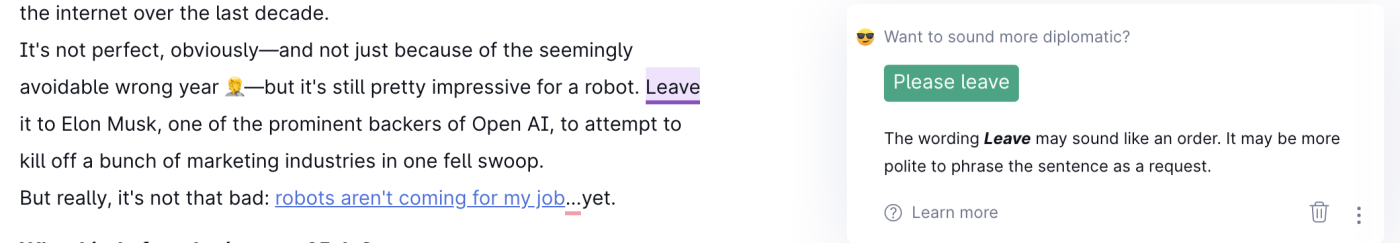Grammarly suggesting I add "please" before "leave"