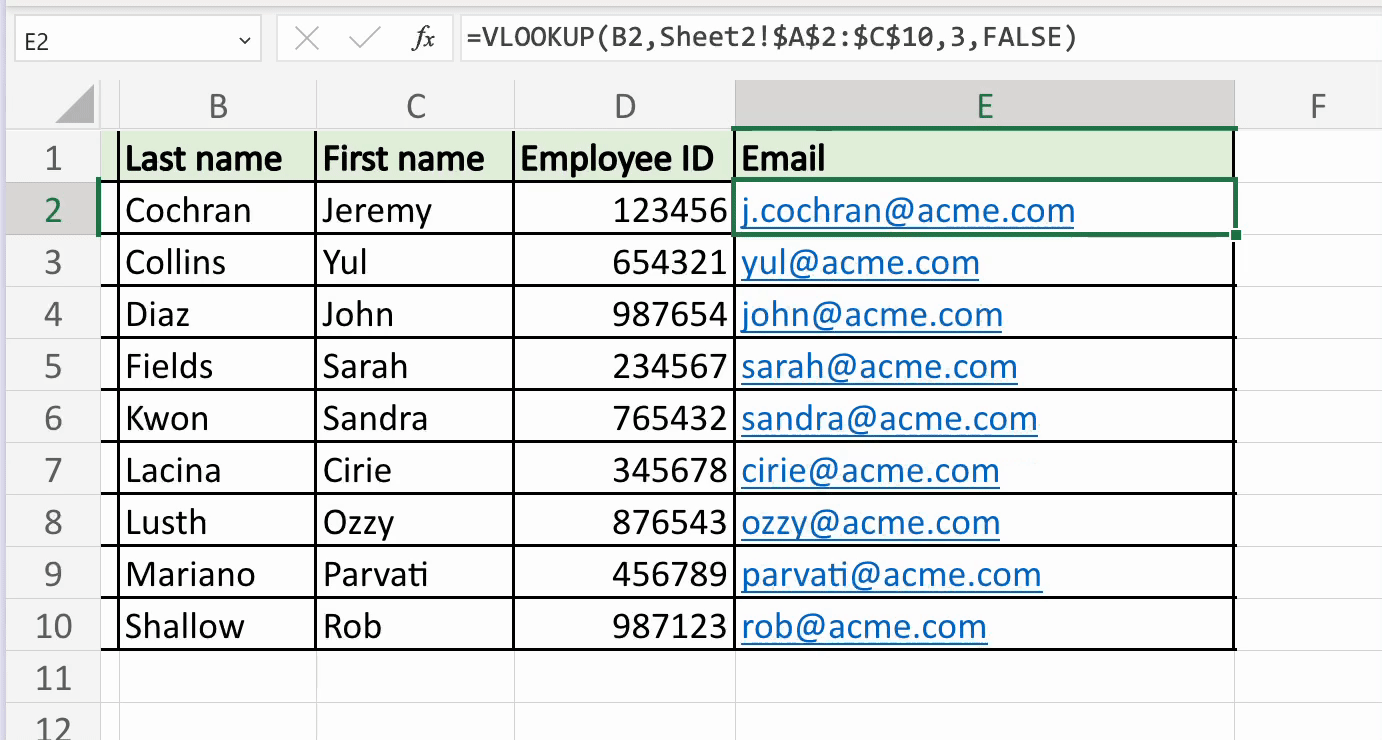 Demo of how to drag the fill handle down a column in Excel to automatically update employee email addresses. 