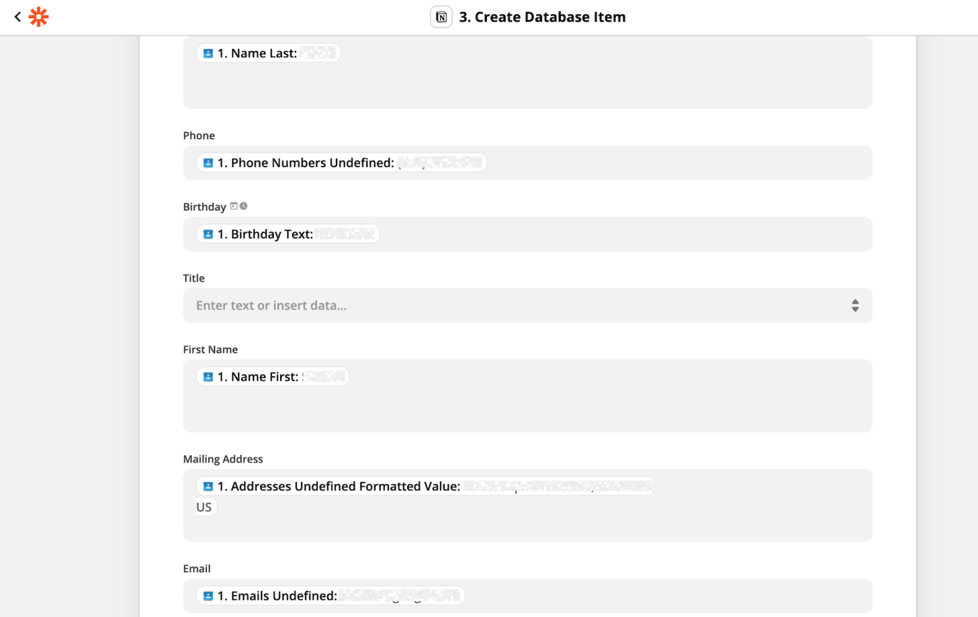 A screenshot of a database item being created from a new contact, showing fields being brought in from Google Contacts to Notion