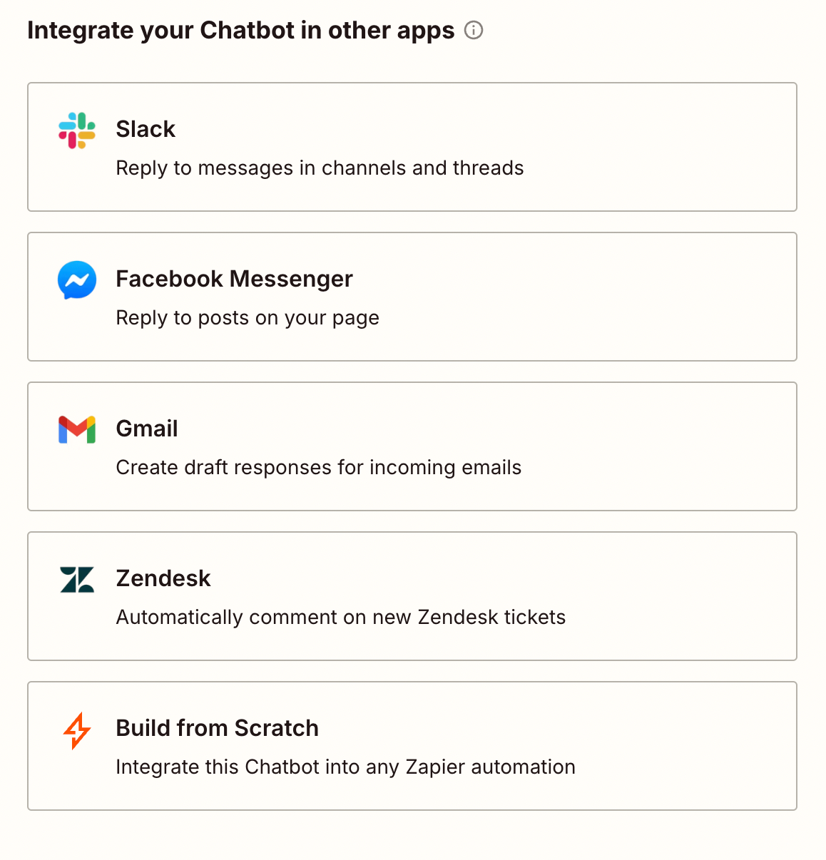 Screenshot of integrations in Chatbots