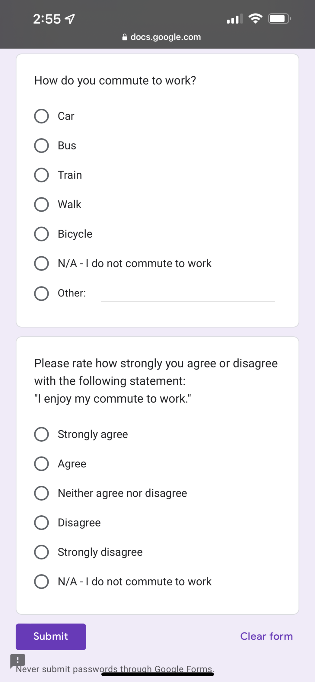 A screenshot image of two survey questions on a mobile device rather than a desktop view to illustrate the importance of checking to see how a survey will show up on multiple platforms