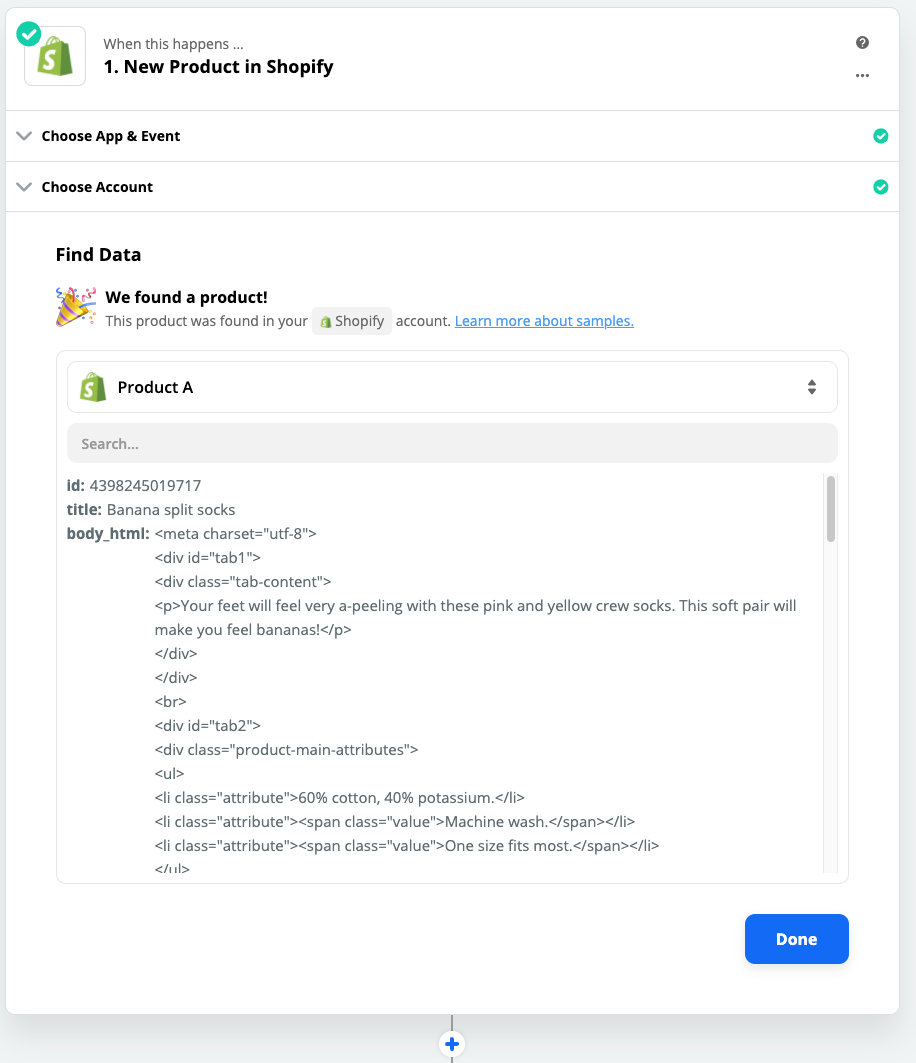 A screenshot of the Zap Editor showing sample Shopify data pulled in from the account connected.