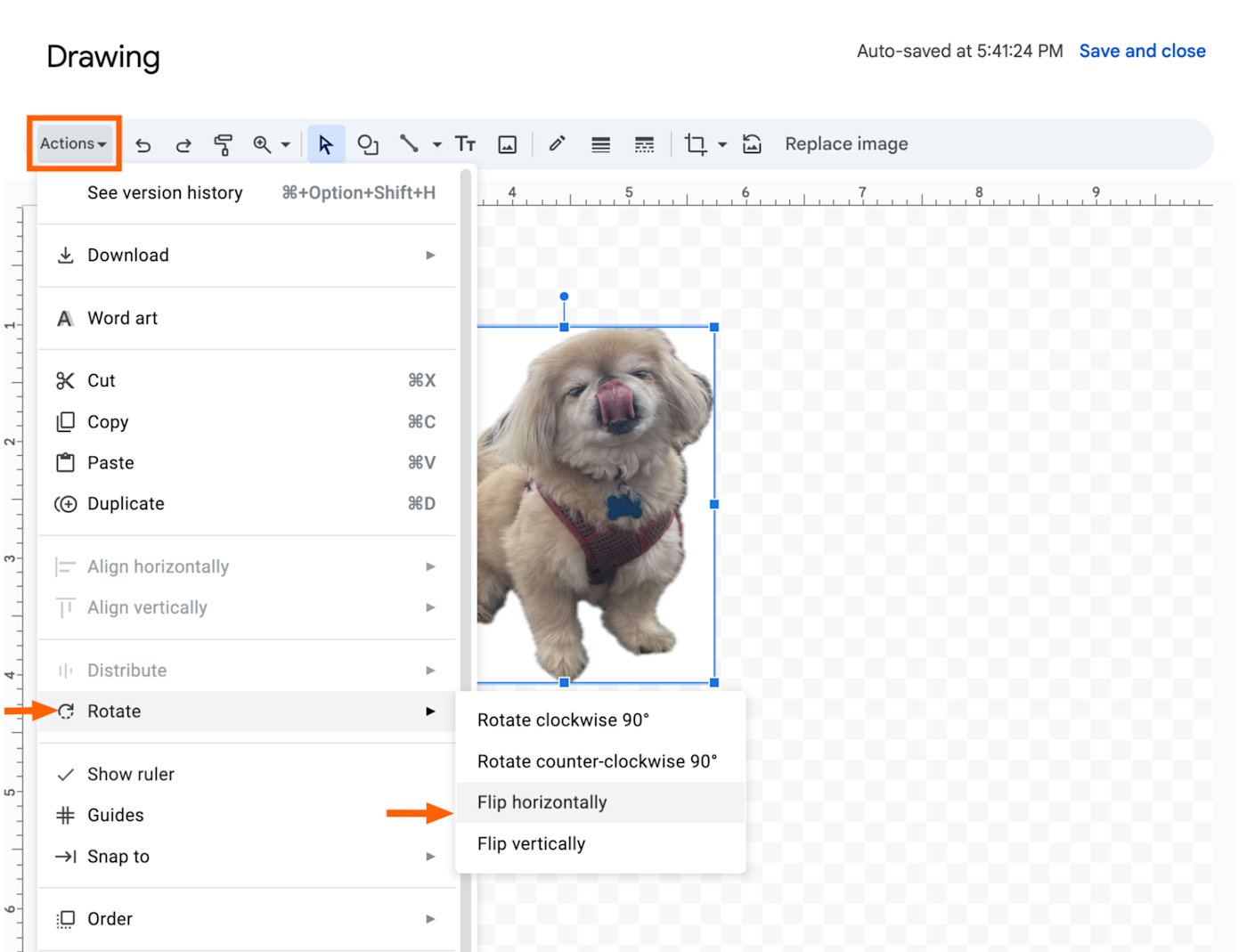 How to flip an image horizontally in Google Docs using the drawing board. 