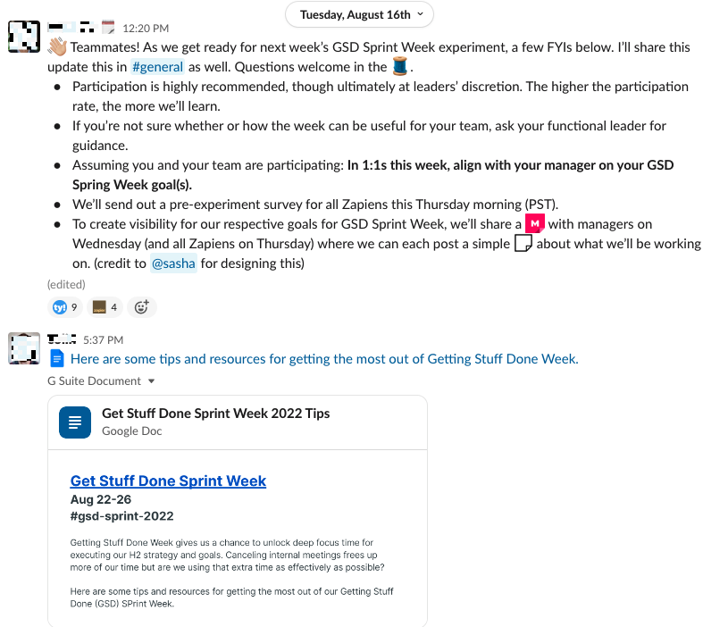A post about GSD week in Zapier's Slack