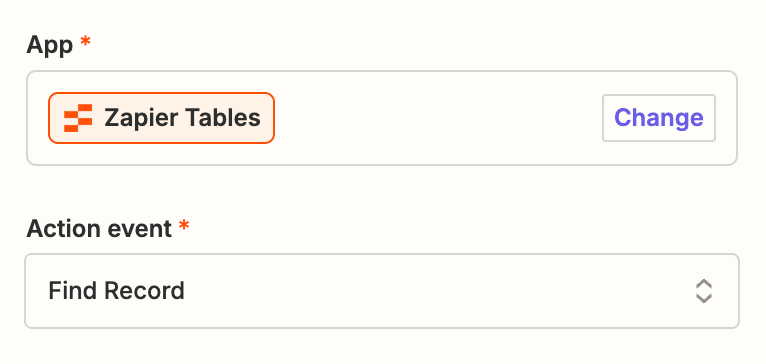 Screenshot of Zapier Tables action app and event