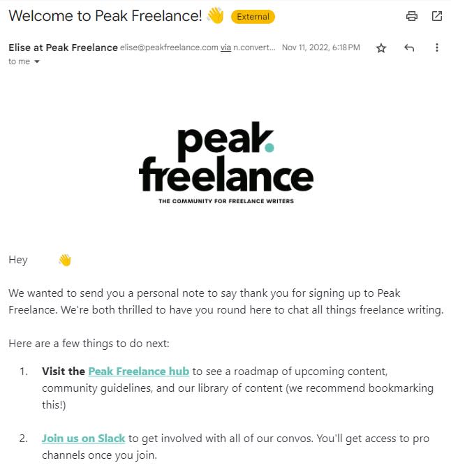 A welcome email from Peak Freelance