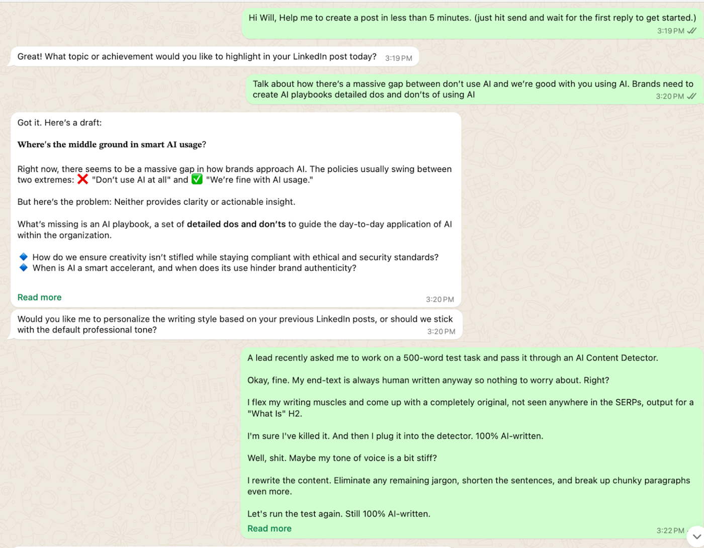Turning a text into a post draft for LinkedIn via WhatsApp. 