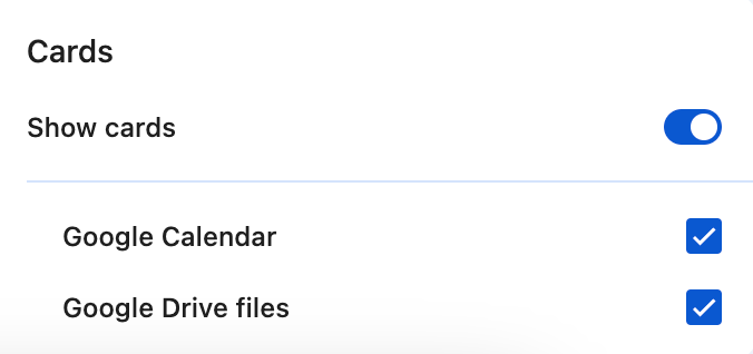 Cards settings in the Chrome customization menu.