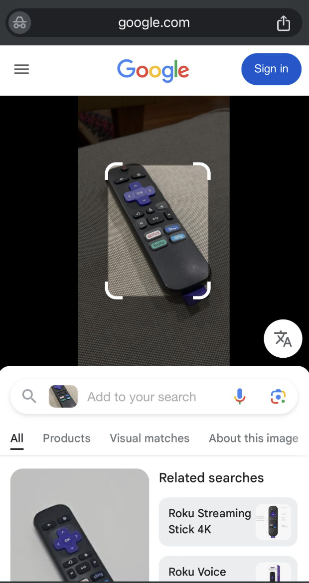 The results of the search for a picture of a Roku remote control