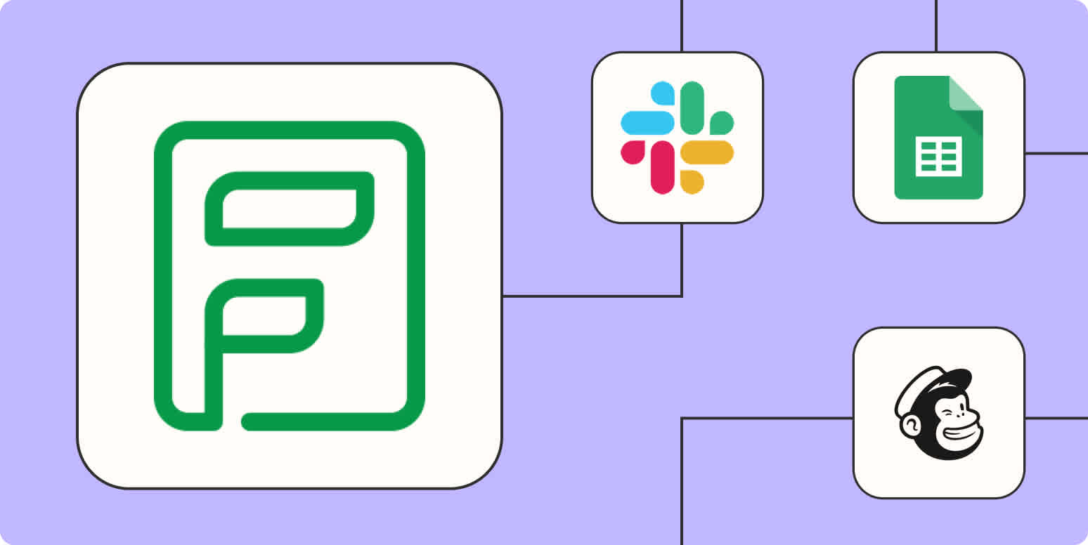 A hero image of the Zoho Forms app logo connected to other app logos on a light purple background.