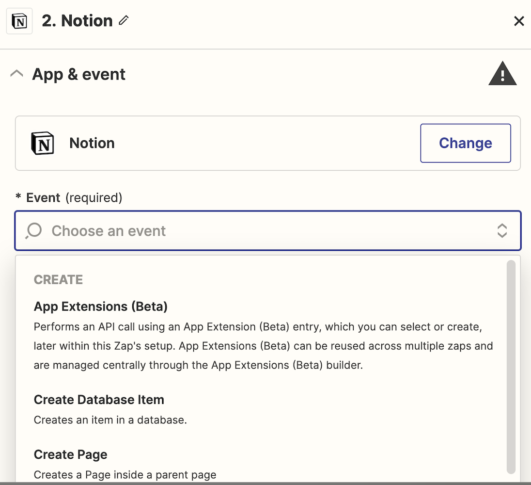 Screenshot of Notion event in Zap editor