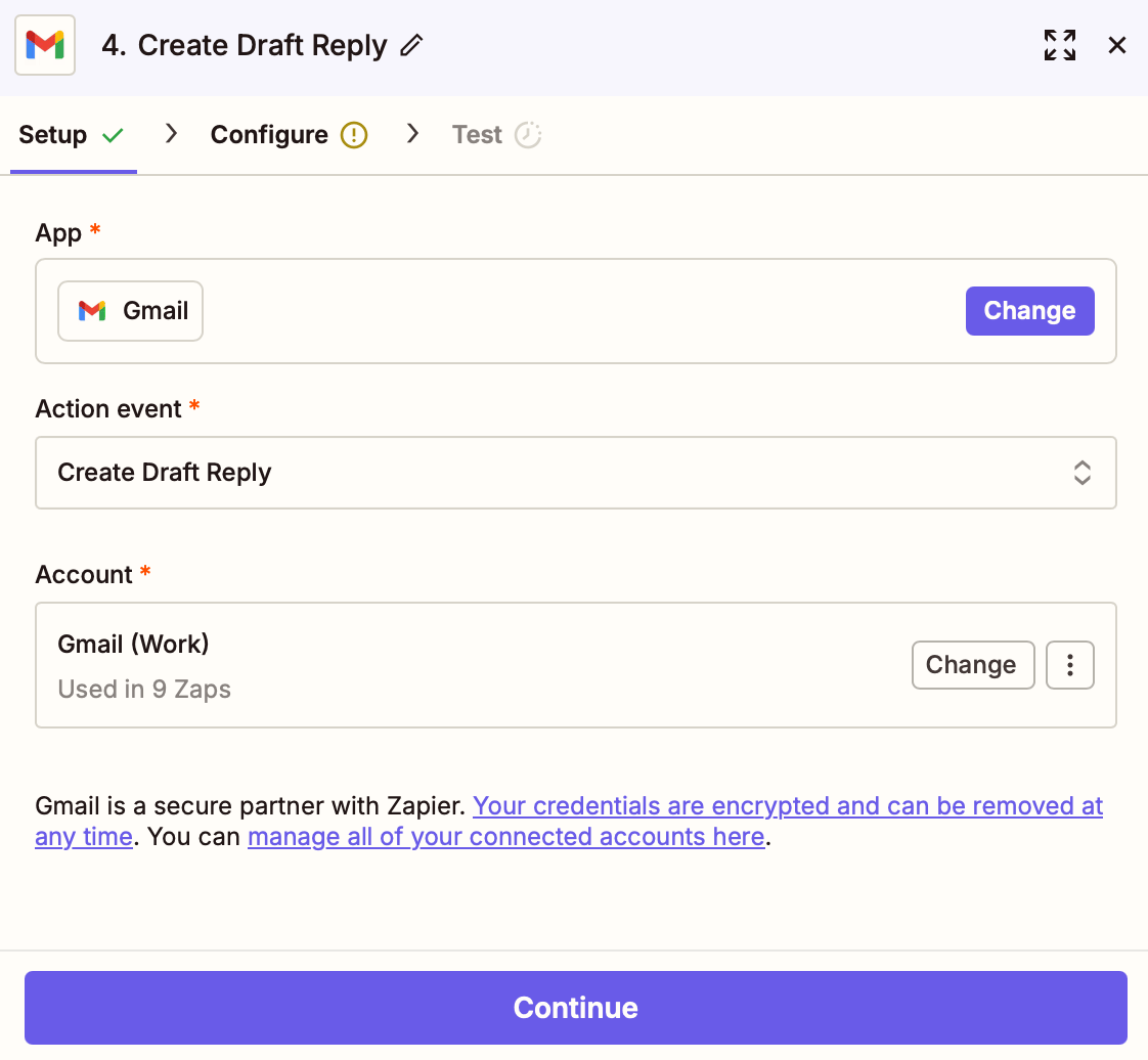 A screenshot of the setup tab for the Create Draft Reply action event