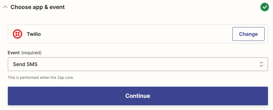 The Twilio app selected with "Send SMS" selected in the "Event" field.