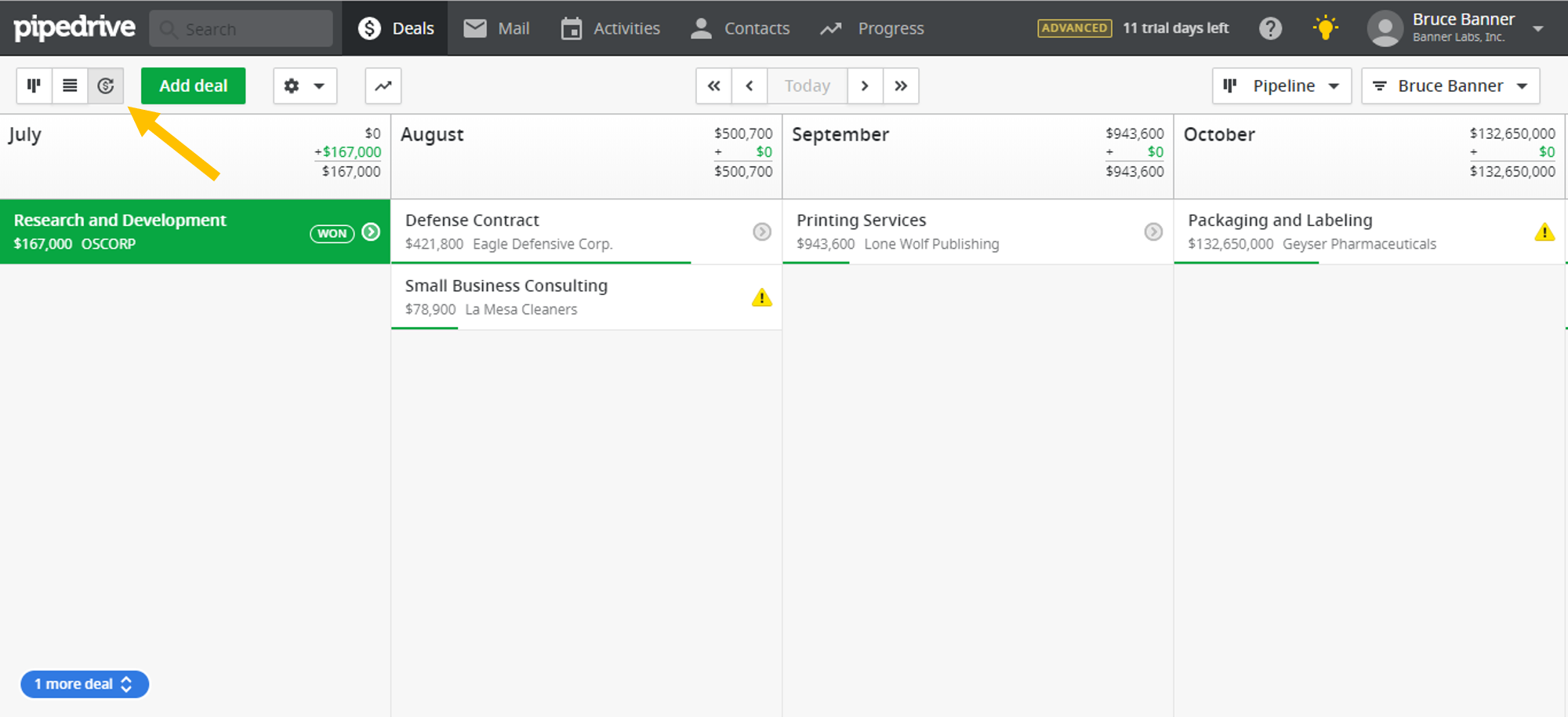 Deals screen in Pipedrive CRM