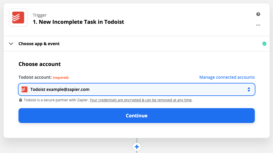 The area where you select a Todoist account in Zapier. This shows an example Todoist account in the dropdown menu area below text that says "Todoist account: (required)"