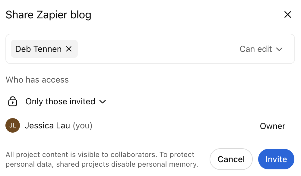 Popup with options to share a ChatGPT project with others.