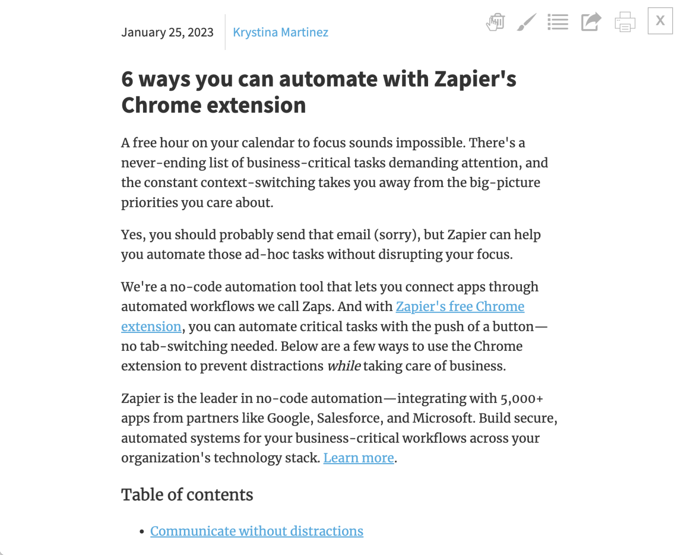 Screenshot of a webpage in Just Read's reader view — just black text on a white background — showing how the extension eliminates ads and distractions