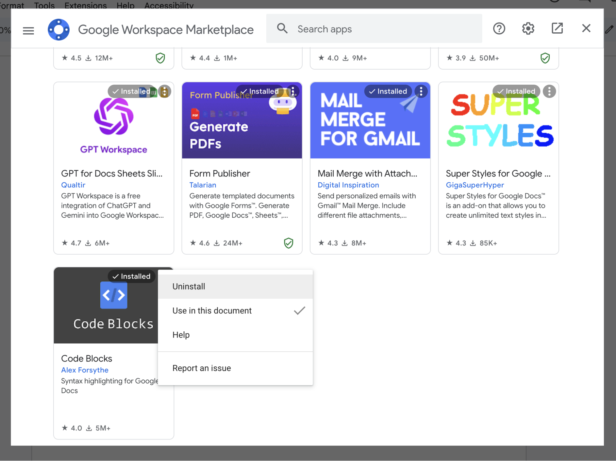 Expanded view of the options menu for an installed Google Docs add-on with the option to uninstall highlighted.