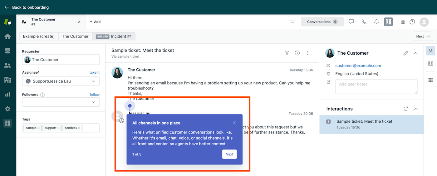 Sample customer ticket in the from Zendesk's guided onboarding with a modal window in front of the body of the ticket. The modal window contains a description of what Zendesk users can generally find in the customer ticket.