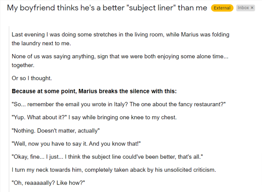 A story email from Emilia, with the subject line, "My boyfriend thinks he's a better 'subject liner' than me"