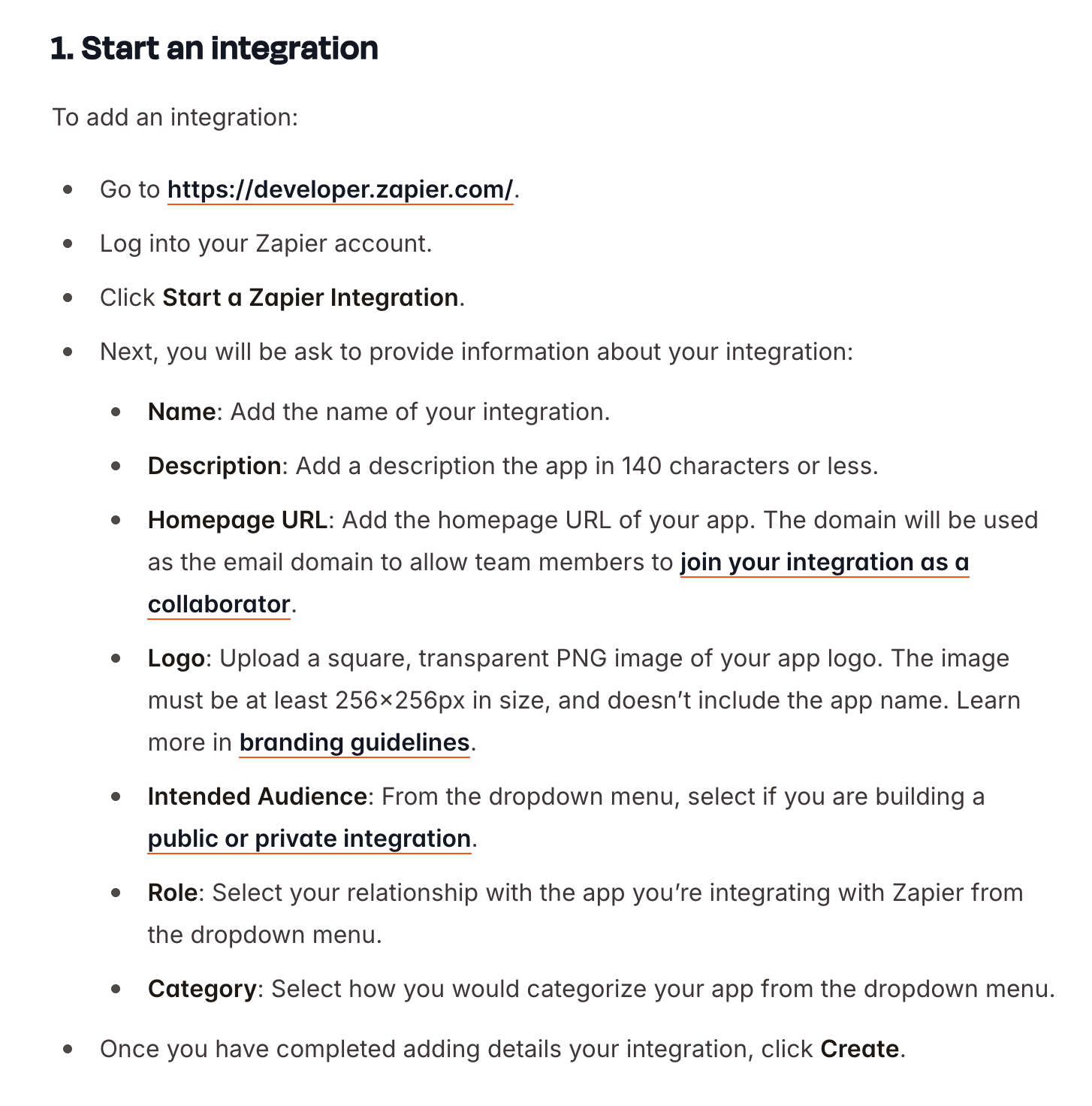 Another screenshot of Zapier documentation, covering the steps to start an integration