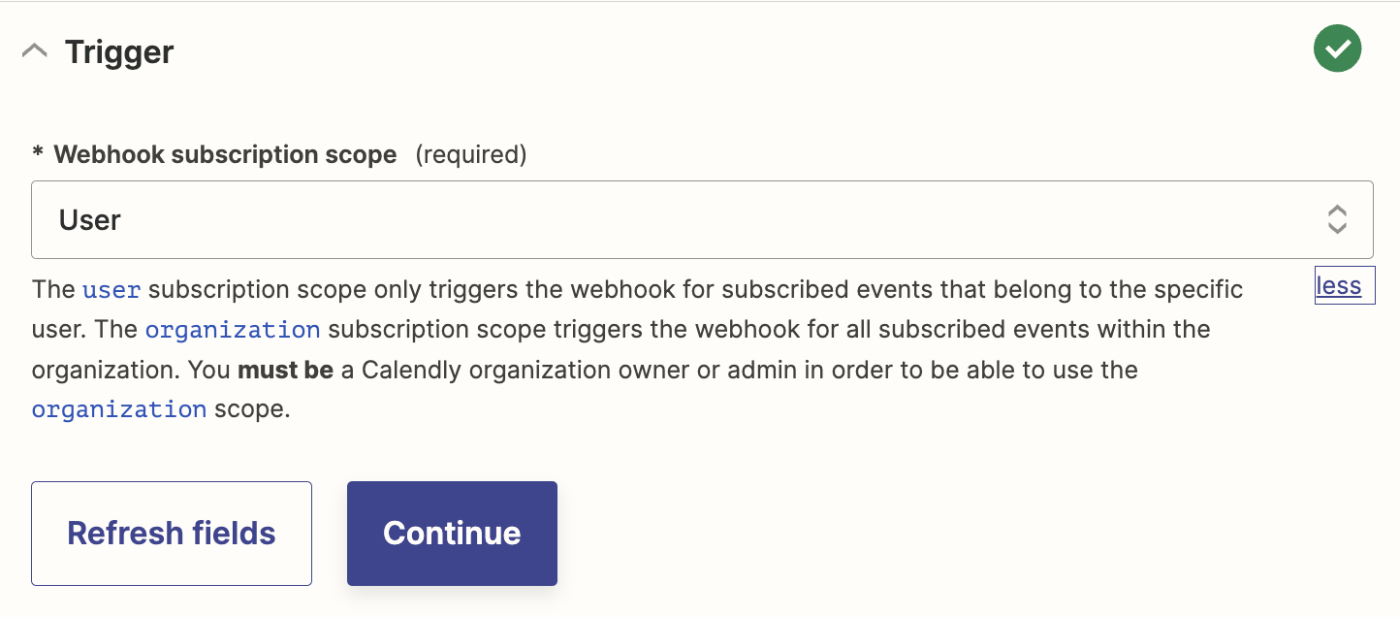 A "Webhook subscription scope" field with "User" selected in the field.