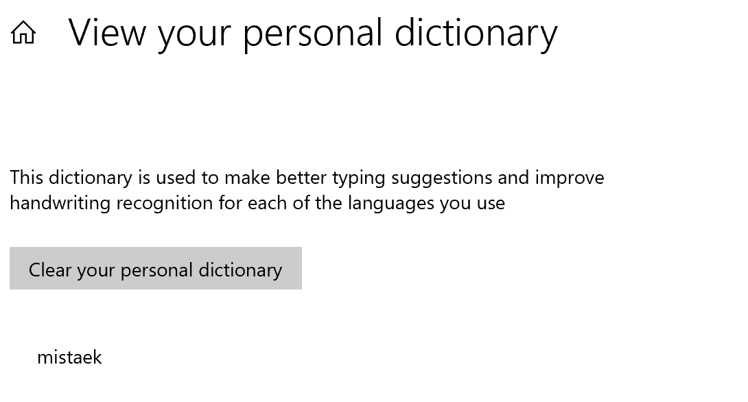 The Clear your personal dictionary option on Windows