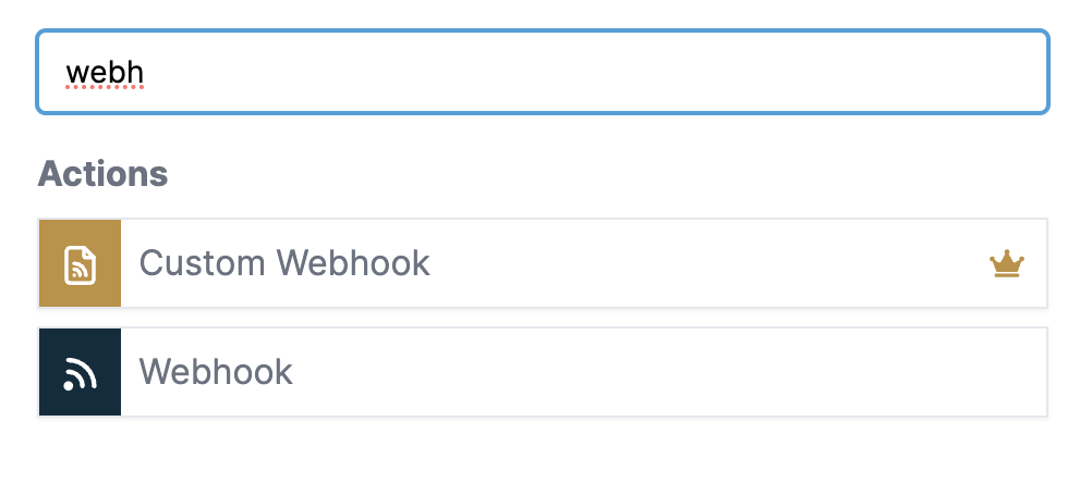 A search field with webhooks typed in with webhooks results shown underneath.