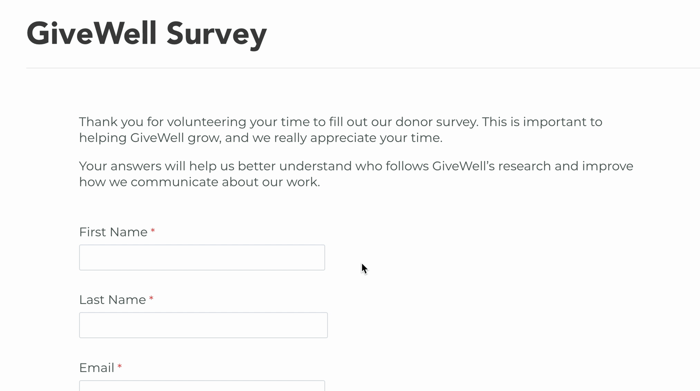 A GIF showing a survey from GiveWell, with lots of questions