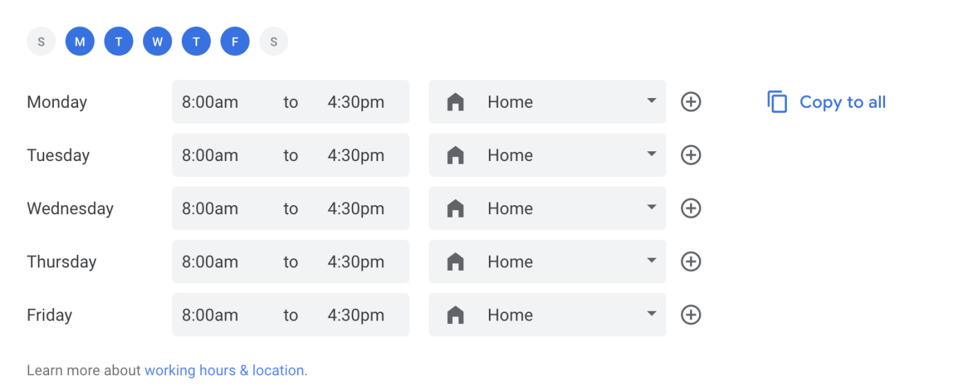 Setting work location and hours in Google Calendar