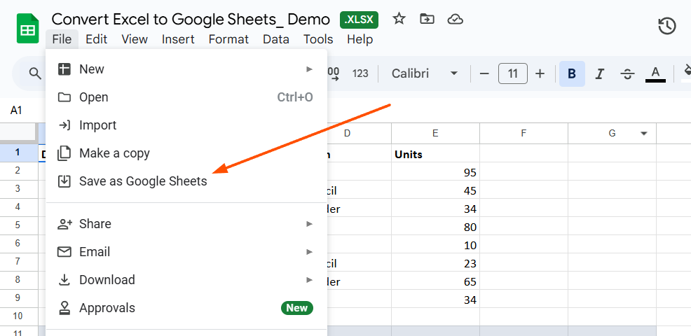 Screenshot of save as Google Sheets option in an Excel file